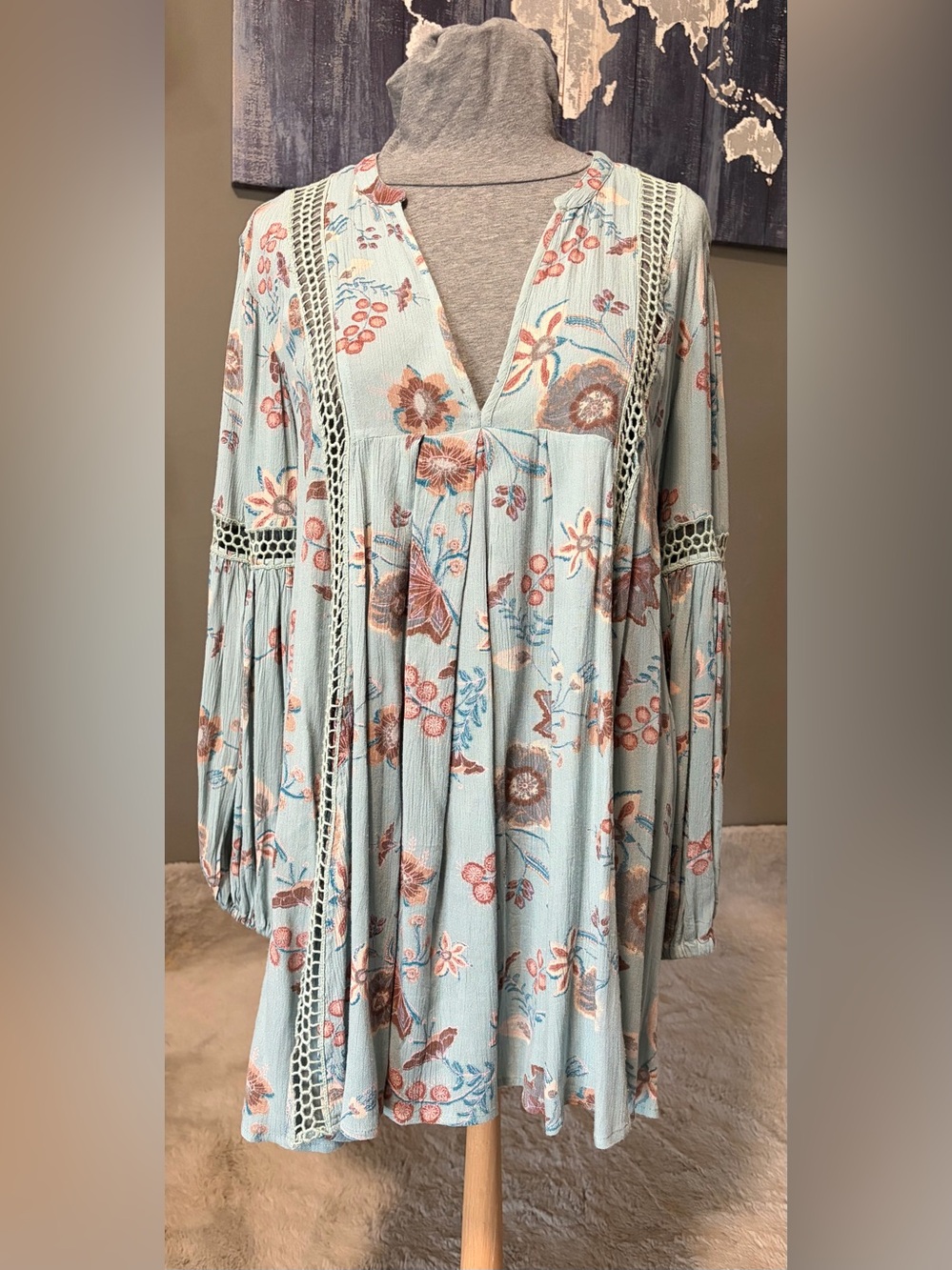 Free People Floral Crochet Tunic Dress XS Blue Boho Peasant